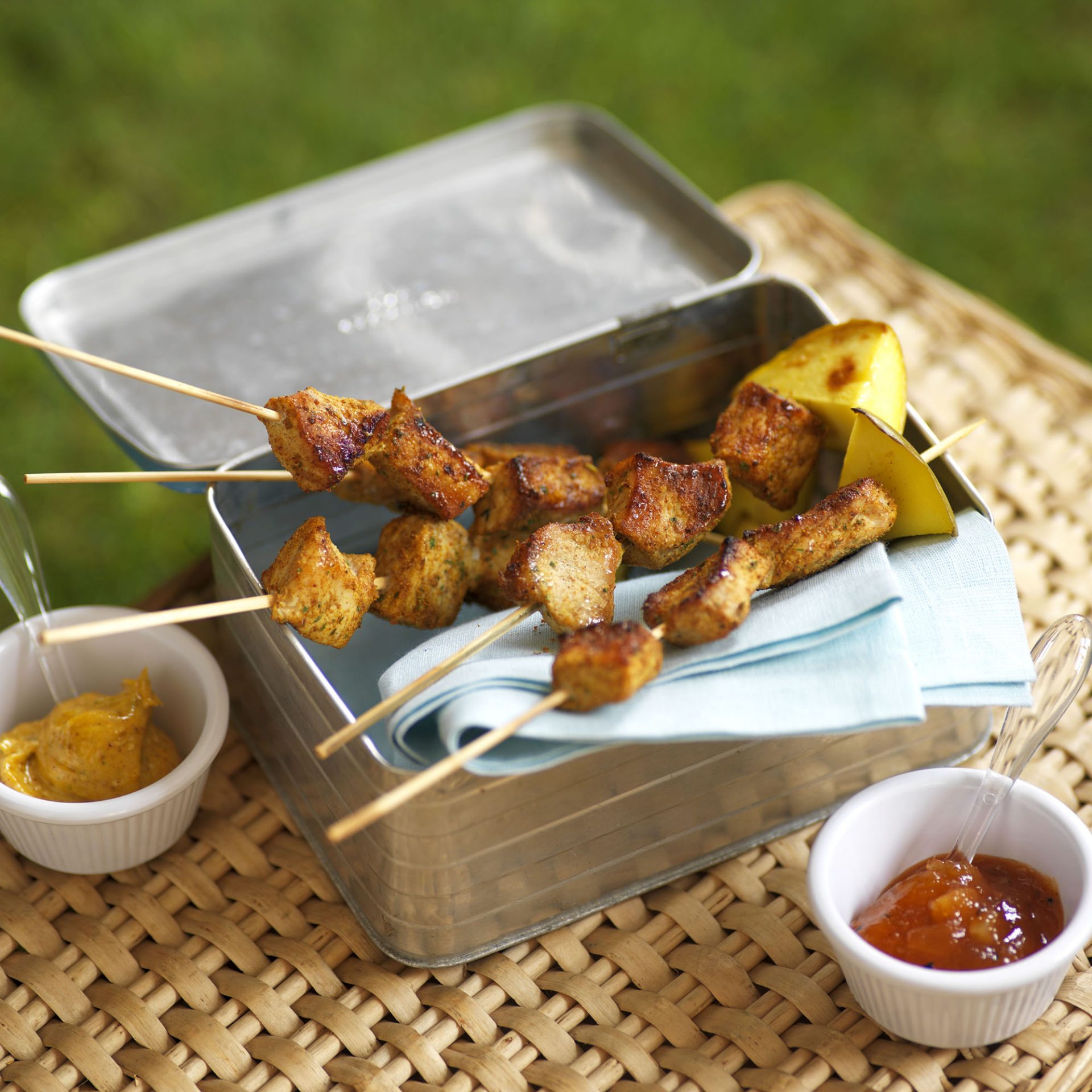 Picnic blanket set up featuring a metal lunch box with pork and mango skewers.