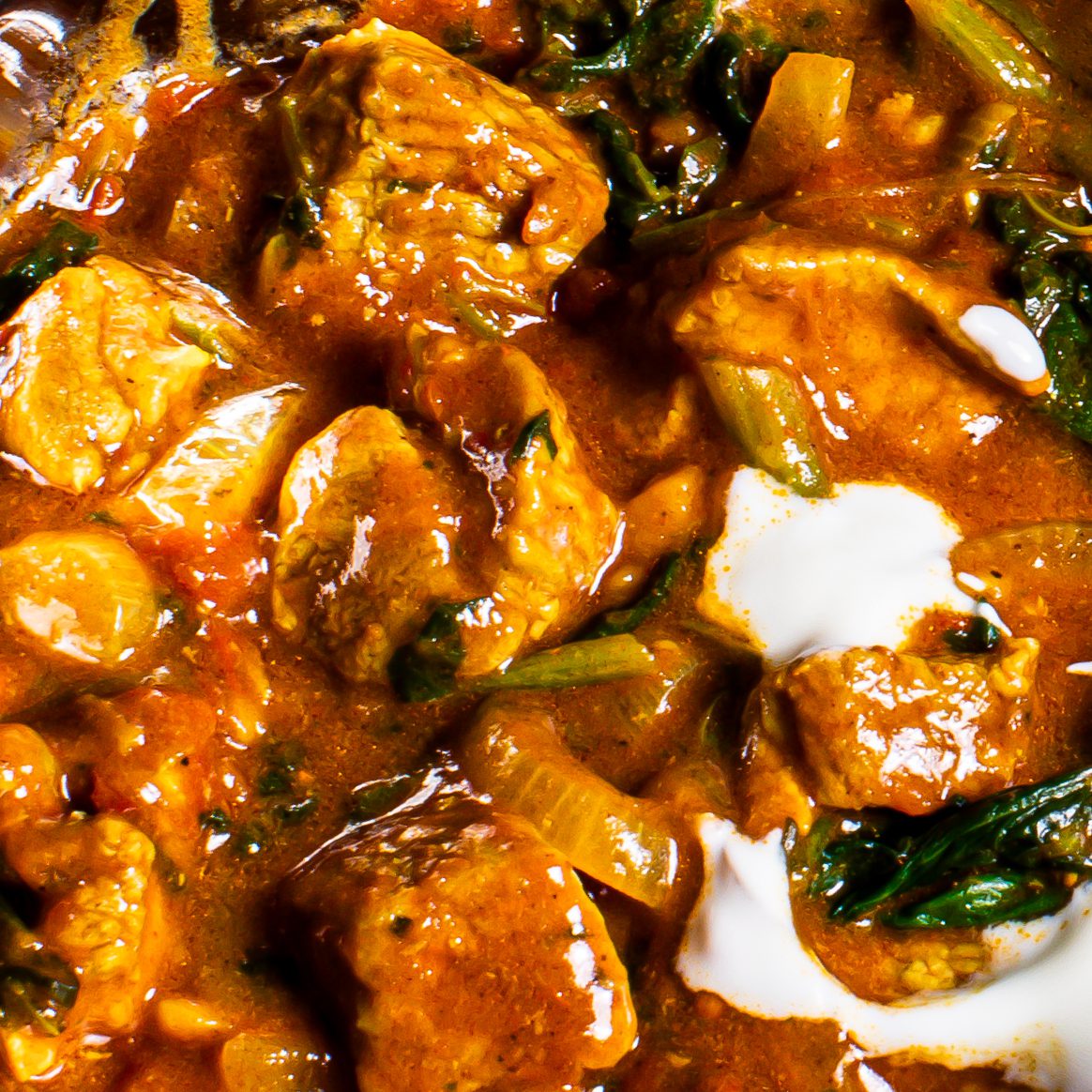 Up close shot of pork madras curry
