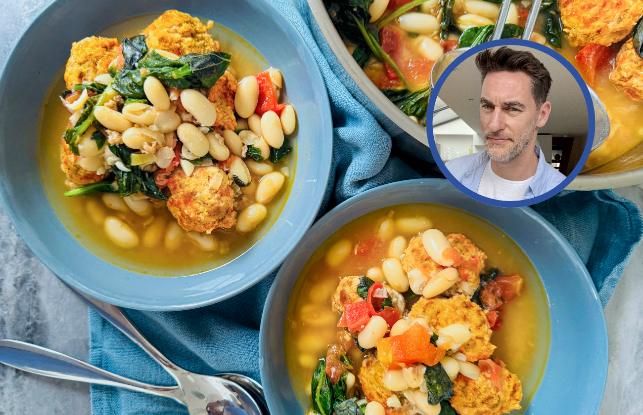 A bowl of pork meatballs with lemon and cannellini broth