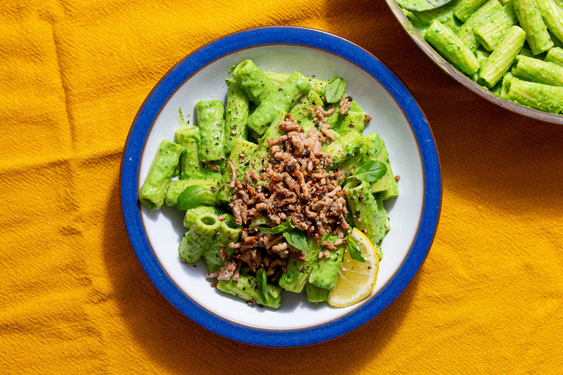 A dish of pasta topped with pork.