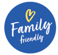 A blue coloured roundel that says 'Family Friendly'.
